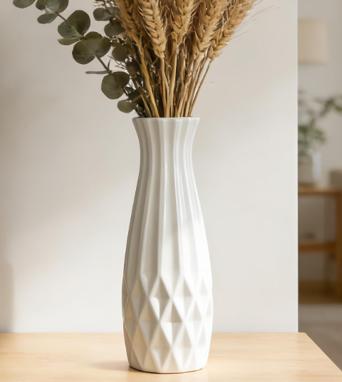 White Ceramic Flower Vase, 12 Inch, Flared Geometric Design
Glossy Glazed Finish, Dining Table, Console Table, Bookshelf, Mantel