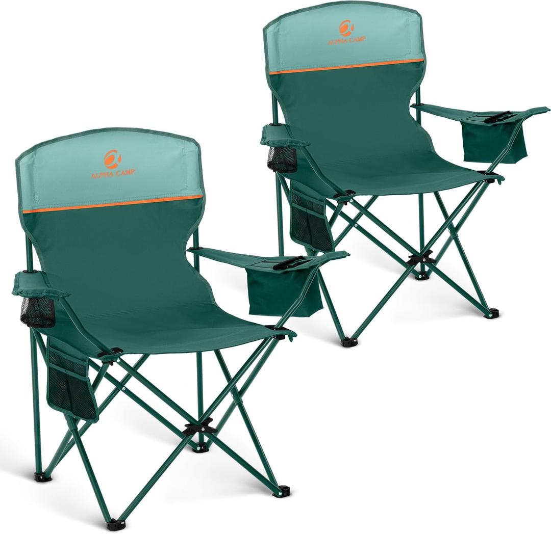 ALPHA CAMP Camping Chair 2 Pack Portable Chair with 3-Can Cooler Folding Chair with Side Pocket and Cup Holder, Collapsible for Camping, Tailgates, Beach, Fishing and Sports,2PC (Green)