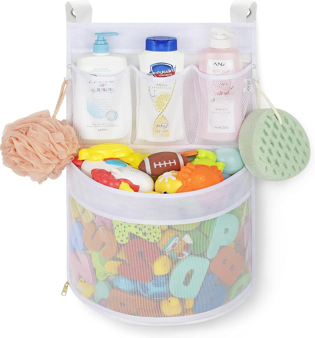 Ligereza Baby Bath Toy Organizer, quick drying and mould proof, Multiple-Suspension Bath Toy Holder, Large Capacity Multi Use Bathtub Toy Storage Bag1 Large, White
