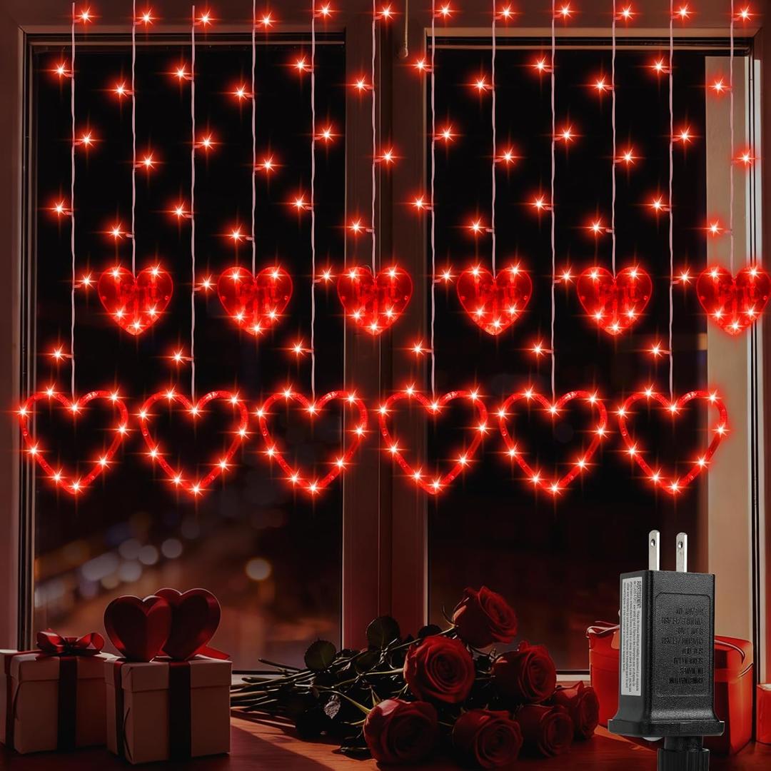 Valentines Day Decor,Red Heart-Shaped String Lights 12 Hearts 138 LED Fairy Light 8 Lighting Modes Connectable Window Curtain Lights for Bedroom Valentine's Day Wedding Home Anniversaries Party Decor