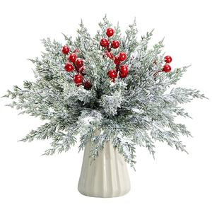 45 Pcs Artificial Christmas Snow Pine Branches with Red Berry Stems, Snowy Faux Greenery Norfolk Pine Cypress Leaves Stems, Berries White Frosted Fake Foliage Pines Needle Picks for Garland Home Decor