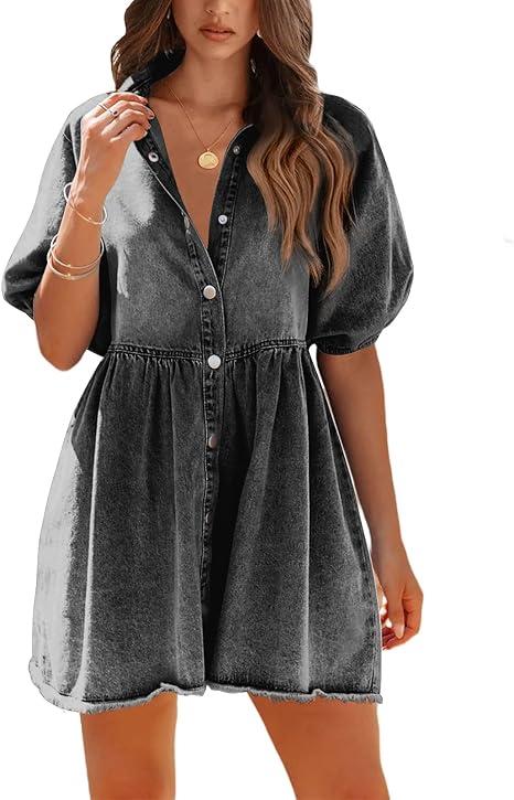 Pepochic Womens Summer Denim Dress Button Down Short Sleeve Babydoll Dress Puff Sleeve Flowy Jean Dress
 L