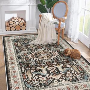 Washable Living Room Area Rug - 5'x7 'Large Bedroom Rug Distressed Oriental Non-Slip Non-Shedding Print Floor Carpet for Dining Room Kitchen (Black, 5 x 7)