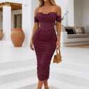 Women's Off the Shoulder Midi Dress Built-in Bra Ruched Corset Bodycon Formal Night Out Cocktail Party Dresses (Purple, M)