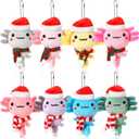 Poen 8 Pcs Christmas Axolotl Ornaments Plush Toys 4 Inch Mini Kawaii Axolotl Stuffed Animal with Santa Hat and Scarf Cute Stuffed Samaritans Keychain Bulk for Christmas Ornaments Hanging Decorations