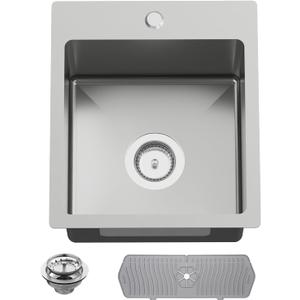 Kitchen And Bar Sink, 15x17 Inch Stainless Steel Drop In Kitchen Sink Modern Single Bowl Topmount Bar Sink Combo-Silicon Mat,Drain Strainer Set Compatibility With Various Kitchen & Bar Style