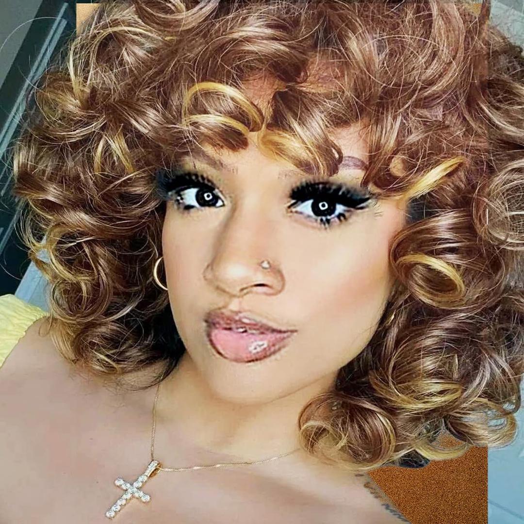 Curly Wigs for Black Women Ombre Blonde Curly Wig with Bangs Big Soft Bouncy Fluffy wig for Women Heat Resistant Short Afro Wig (Brown to Blonde)