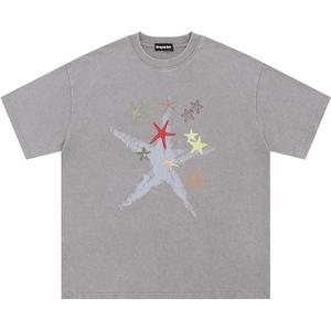 Oversize Star Print Tees Vintage Washed Graphic T Shirts Short Sleeve Y2K 90S Summer Unisex Streetwear Tops, M
