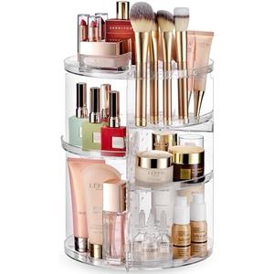 Masirs, Rotating Makeup Organizer - Adjustable Shelf Height and Fully Rotatable, The Perfect Round Spinning Cosmetic Organizer for Bedroom Dresser or Vanity Countertop Storage. (Clear)