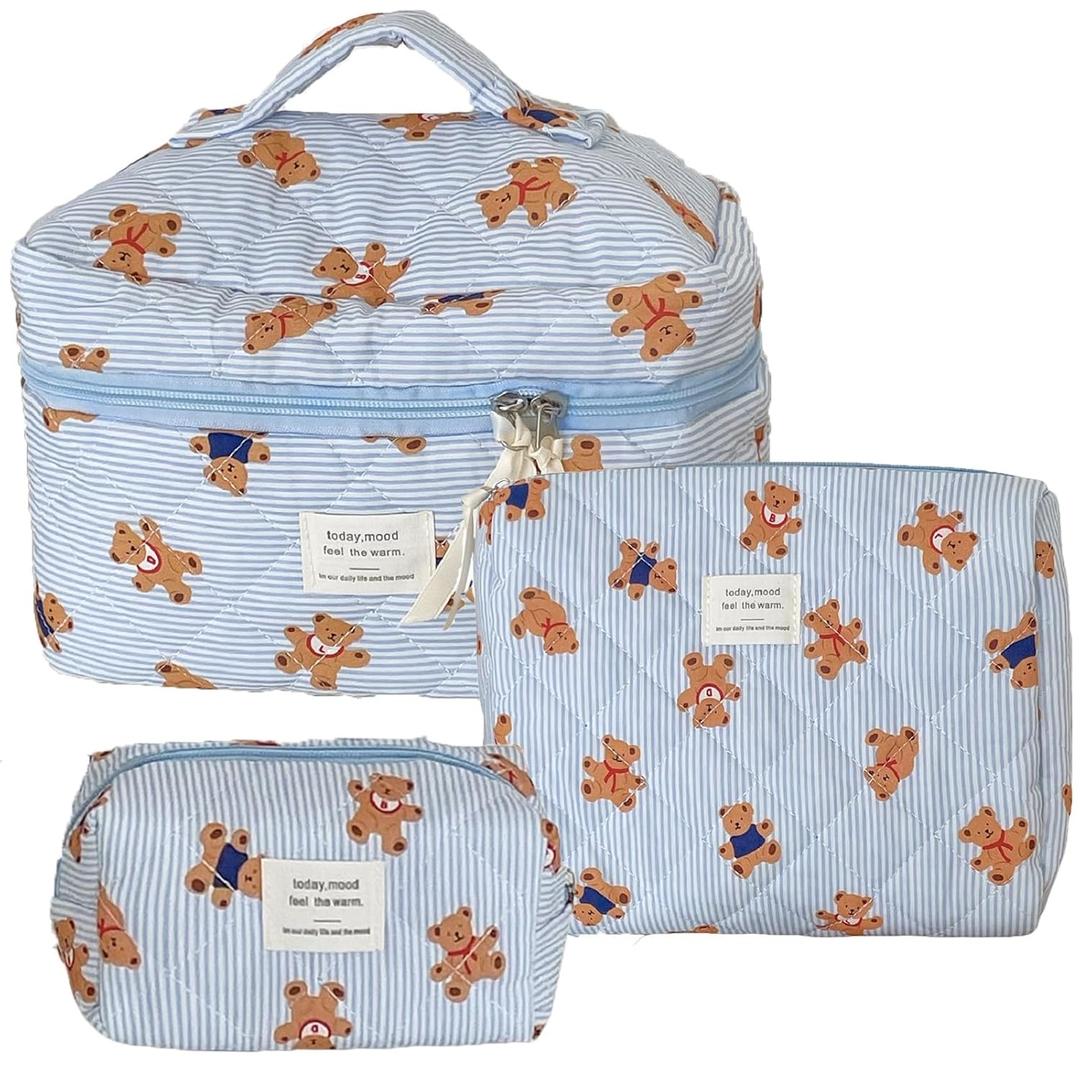 JINFANRUI 3PCS Quilted Make Up Bag Set Cute Cotton Make Up Pouch Blue Striped Bear Cosmetic Bag Set Large Travel Toiletry Bag For Women(B)