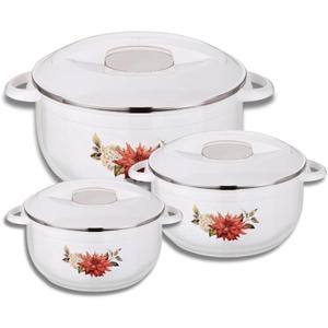 T TABAKH Nova 3pc Set Insulated Casserole Dish with Lid Hot Pot Food Warmer/Cooler - Thermal Soup, Salad Serving Bowl - Stainless Steel Container - Keeps Food Hot & Cold (White, Super Grand 3500ml+5500ml+7500ml)
