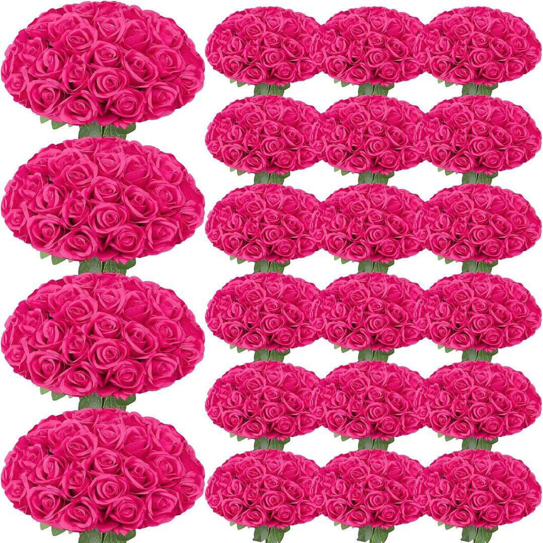 150 Pcs Roses Artificial Flowers,Silk Light Hot Pink Artificial Flowers Fuchsia Petals Long Stem Roses for Wedding Bouquet Home Party Decor