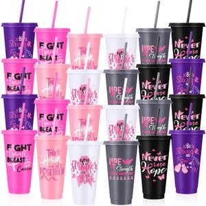 24 Pcs Breast Cancer Plastic Tumbler Cups with Lid and Straw 24 oz Reusable Breast Cancer Awareness Tumbler Inspirational Pink Ribbon Cups Survivor Gifts for Woman Party Supplies (Colorful)