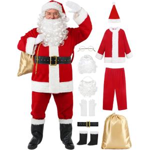 LETIME Santa Claus Costume for Men - 10-Piece Deluxe Santa Suit for Adults, Professional Christmas Santa Outfit (Large)