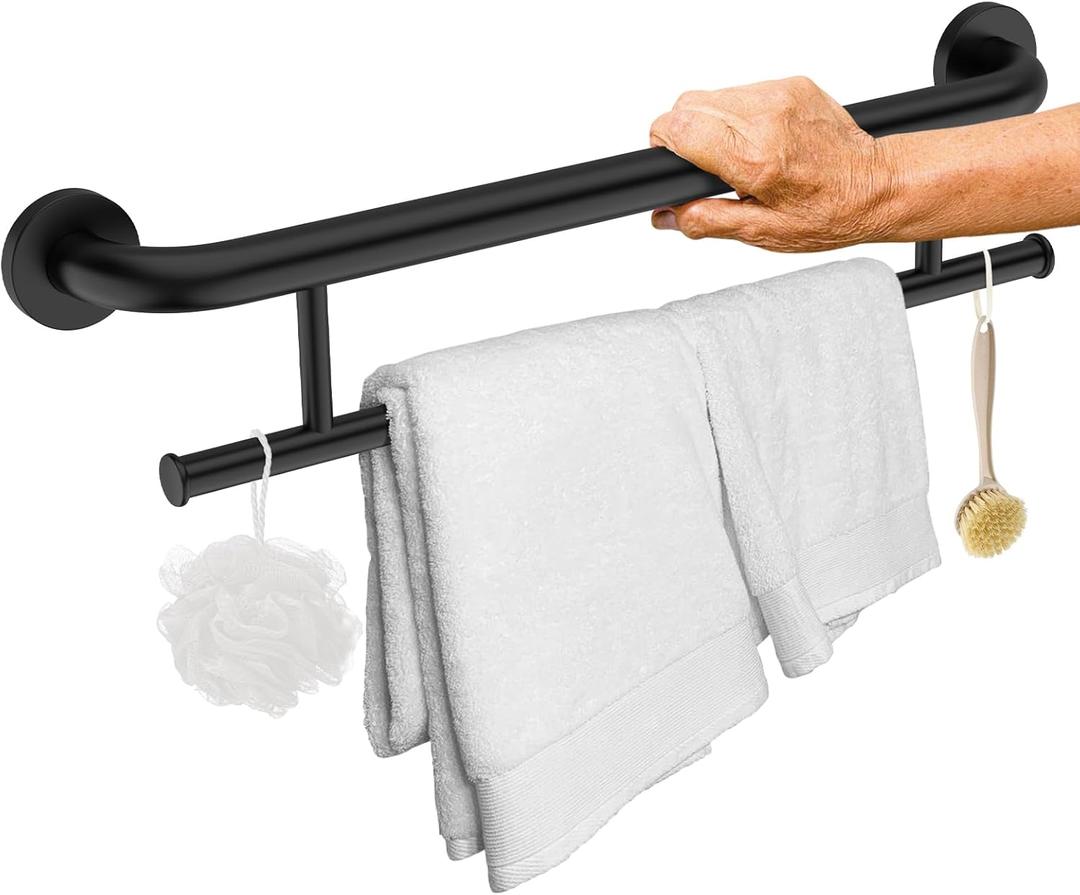 Matte Black Grab Bar 24 Inch w/Towel Holder, iHansee Stainless Steel Towel Rack Shower Support Balanced Support Handle, Wall Mount Safety Handrail Grab Rail for Elderly Senior Handicap Disabled