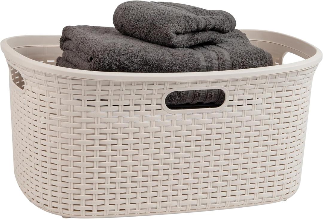 Mind Reader 40L Laundry Basket, Clothes Hamper, Lid, Wicker Design, Plastic, 23"L x 14.25"W x 11"H, Ivory