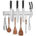 12 Inch Magnetic Knife Holder for Wall, Adhesive Knife Magnetic Strip No Drilling with 6 Hooks, Powerful Magnetic Knife Strip, Magnetic tool Holder for Kitchen Knives & Utensils (Silver)