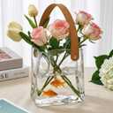 Noamus Glass Purse Vase for Flowers, Unique Bag Vases with Leather Handle, Decorative Wrinkle Handbag Shape Vase, Handmade Clear Fish Bowl for Centerpieces, Home Office Garden Wedding, Farmhouse Decor