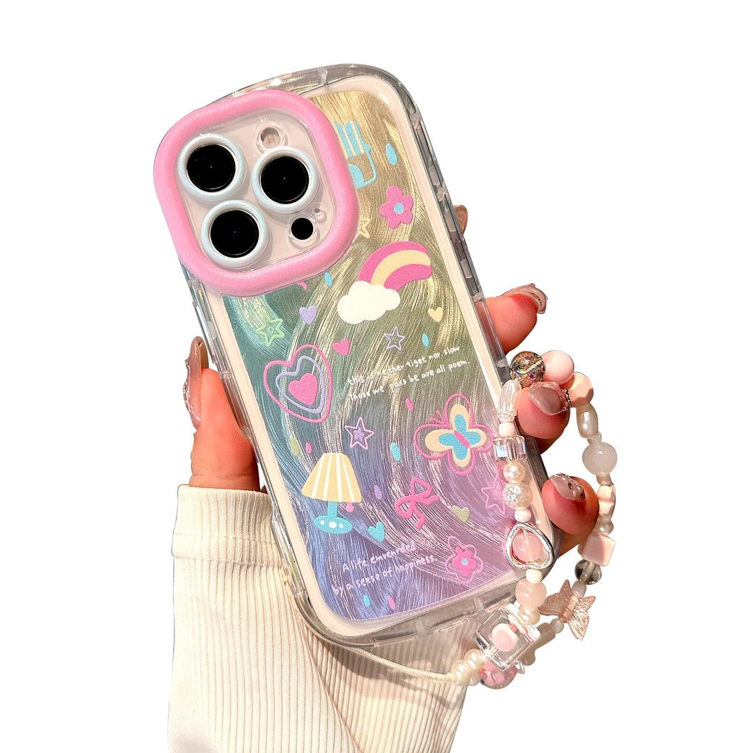 LZXXHM Compatible iPhone 15 Pro Max Cases, Cute Glitter Aesthetic Rainbow Cloud Pattern, with Trendy Braided Wrist Rope, Soft f and Durable TPU Material, Suitable for Women and Girls