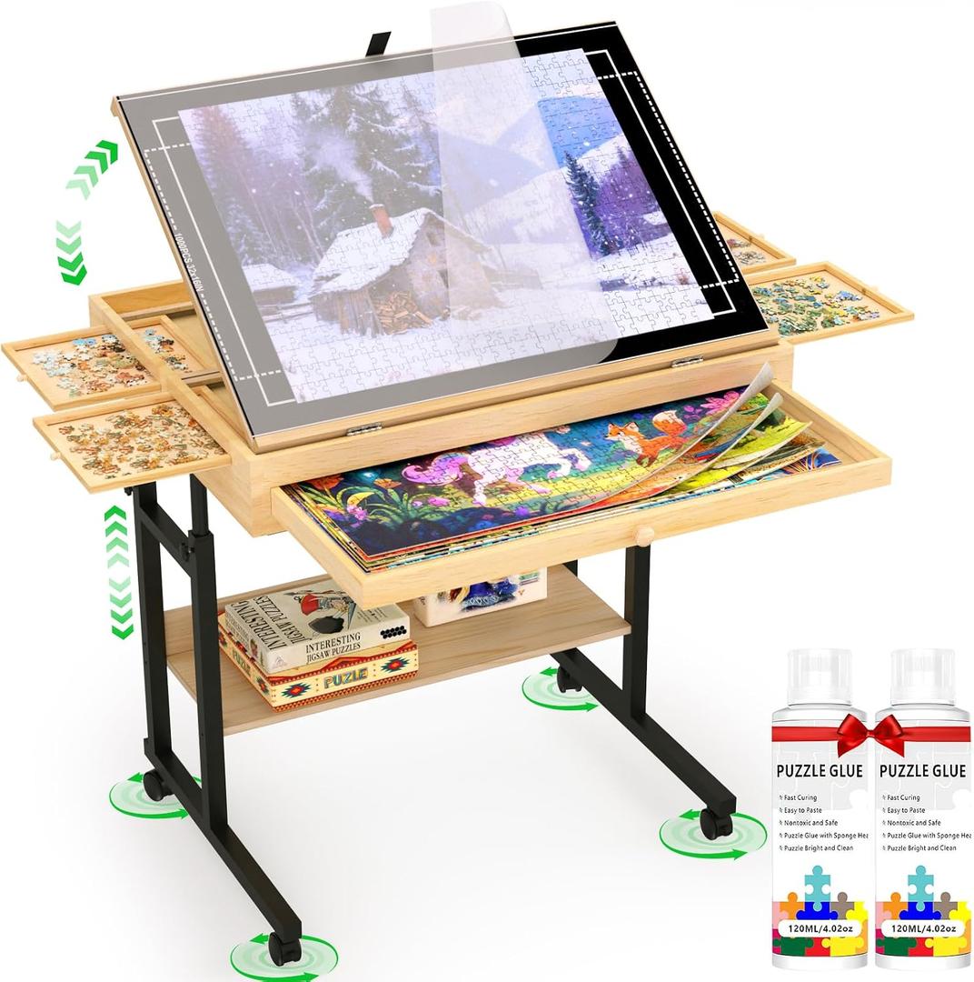 Wooden Puzzle Table with Drawers, 1500 Piece Puzzles for Adults & Puzzle Enthusiasts with Adjustable Height & Tilt, Felt Surface, Metal Stand with Lockable Wheels, Puzzle Storage Box and Cover, Medium-1500pcs
