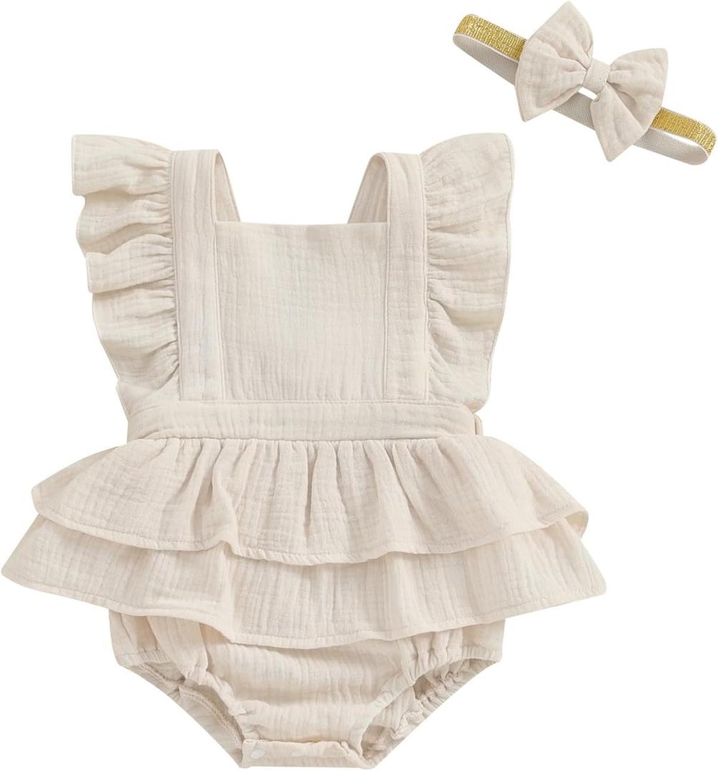 MERSARIPHY Newborn Baby Girl Summer Outfit Linen Ruffle Bubble Romper Dress One Piece Bodysuit Jumpsuit Infant Summer Clothes (6-12 Months, Beige)
