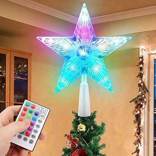 Christmas Tree Topper Star 7" LED Lighted Star Tree Top w/Remote Control, 5-Point Star RGB Night Light Treetop, Small Xmas Tree Decor for Christmas, USB Plug in/Wire 9.84Ft