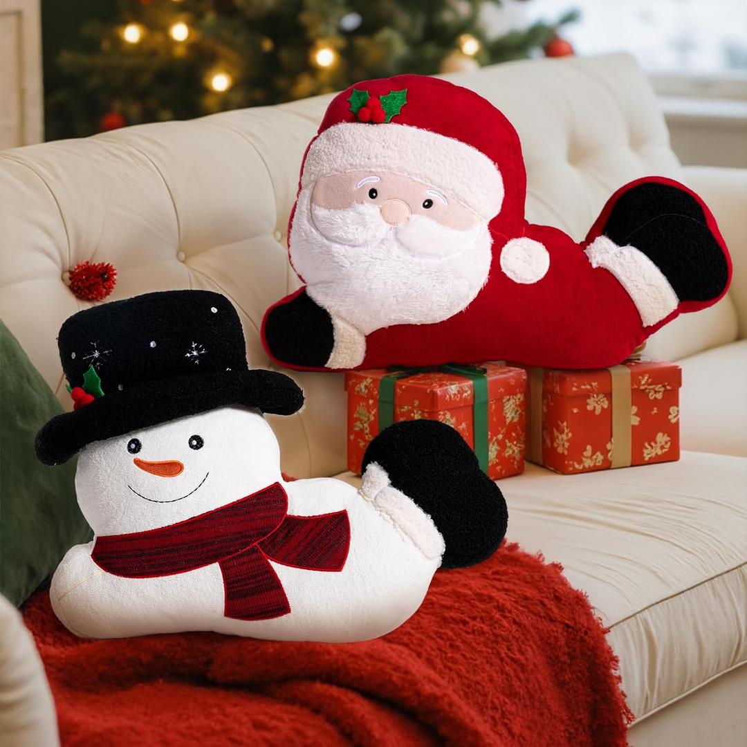 Lanpn Christmas Snowman Santa Throw Pillows Set of 2, Christmas Decoration Winter White Throw Pillow Soft Fleece Cute Throw Cushion for Sofa Bedroom Xmas Decor (03 Snowman & Santa)