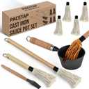 BBQ Mop Brush and Cast Iron Sauce Pot Set, 8Pcs Barbecue Accessories Include Basting Melting Pot, 2 Size Wooden Handle Sauce Mops with 4Pcs Replacements and Oil Brush for Meat Smoker, Grill, Stove