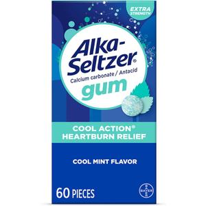 Alka-Seltzer Cool Action Heartburn Relief Gum, Extra Strength Antacid Gum, Acid Indigestion and Upset Stomach Relief, No Chalky Taste, Cool Mint Flavor, 60 Count