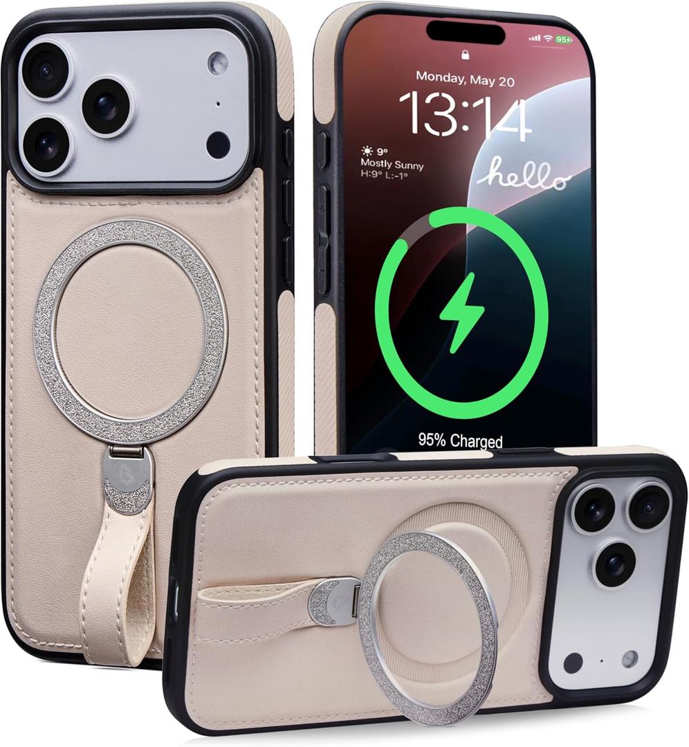 for iPhone 17 Pro Max Leather Case with Glitter Sparkly Shiny Stand | Fits for MagSafe (Beige, iPhone 17 Pro Max)