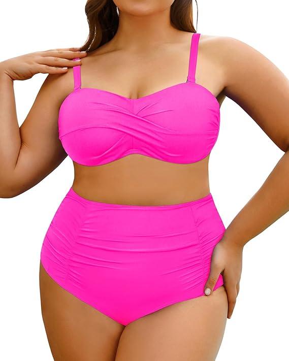 Yonique Women Plus Size High Waisted Bikini Sets Two Piece Strapless Swimsuits Tummy Control Bathing Suit Bandeau Swimwear ( Pink 12W)
