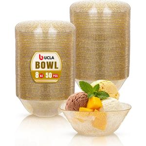 bUCLA 50Pack Gold Glitter Plastic Small Bowls - 8oz Disposable Ice Cream/Salsa/Dipping/Dessert/Sauce/Small Serving Bowls for Party