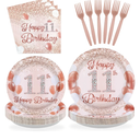 Grencian 11th Birthday Decorations Rose Gold 11th Birthday Plates and Napkins Disposable Rose Gold Official 11 Pre-Teen Paper Tableware Set for Girls 11 Year Old Party Supplies, Serves 24