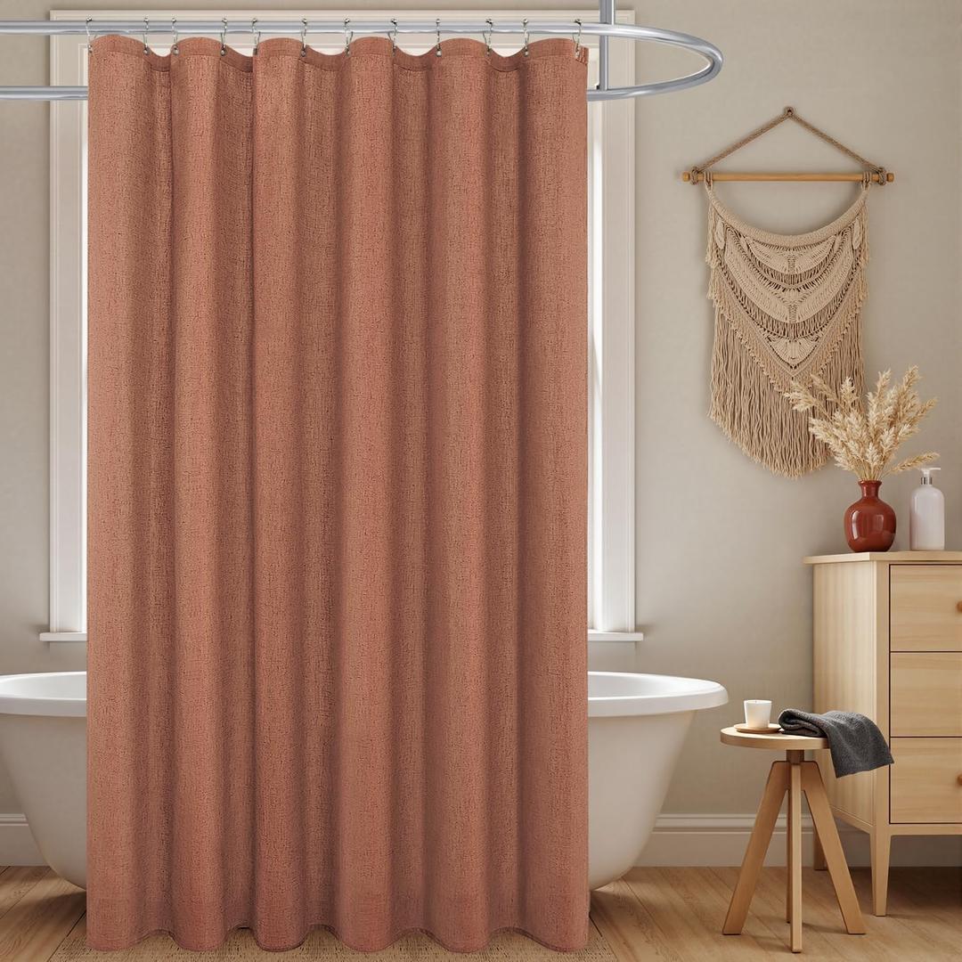 KOUFALL Boho Shower Curtain,Terracotta Rust Colored Linen Fabric Cloth Waterproof Western Bohemian Fall Shower Curtain Set with Hooks for Bathroom Decor