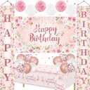 Pink Flowers Birthday Decorations for Women Girls Glitter Rose Gold Floral Happy Birthday Banner Backdrop Balloons Tablecloth Paper Pom Poms for Baby Shower Wedding Birthday Party Supplies