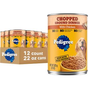 Pedigree Chopped Ground Dinner Adult Soft Wet Dog Food with Chicken, Canned Dog Food, 22 oz. Cans, 12 Count (EXP 04/05/28)