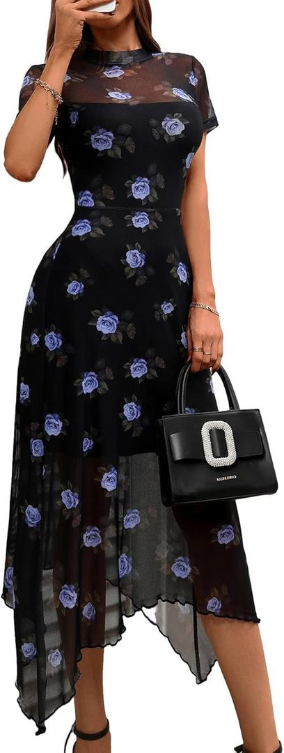 GothDark Women's Wedding Guest Floral Print Vintage Goth Dress Mesh Spliced Double-Layered Irregular Hemline Midi Dresses (Medium, Blue)