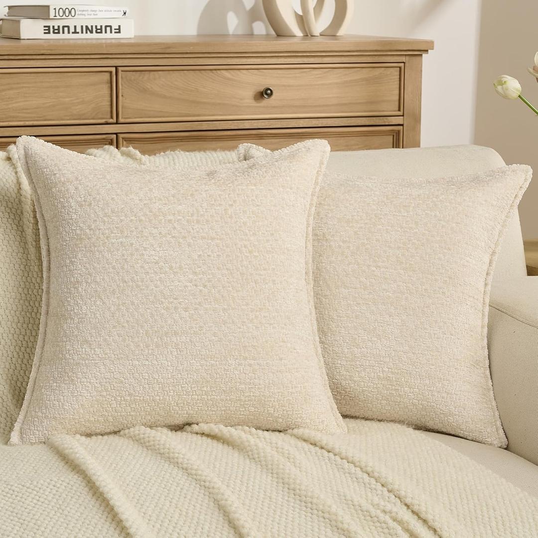 FUTEI Pack of 2 Solid Chenille Throw Pillow Covers 18x18 Inch Soft Grainy Textured Decorative Cushion Cases Modern Farmhouse Accent for Couch Bed Living Room, Cream