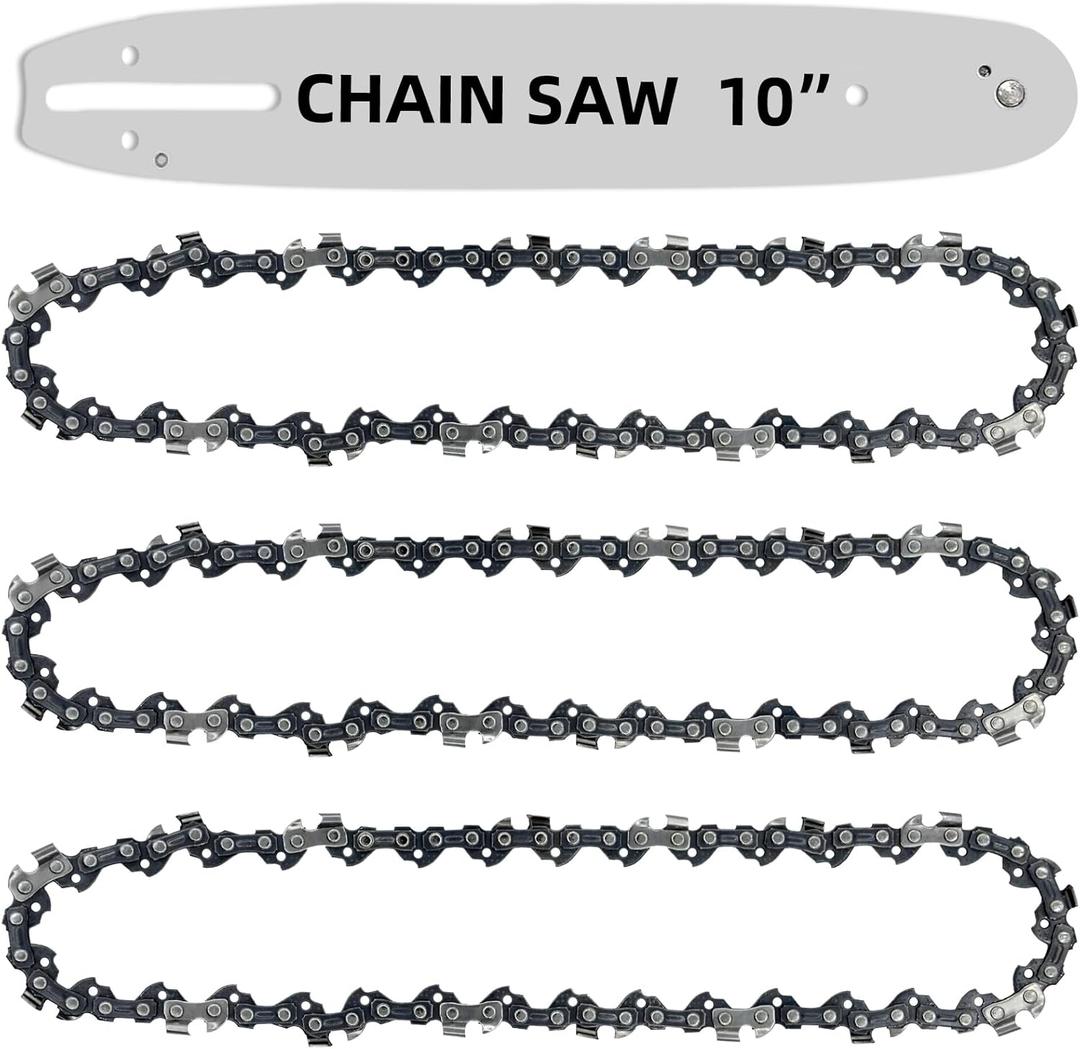 [4 Pieces] 10 Inch Chainsaw Chain with Replacement Guide Bar S40 3/8" LP Pitch .050" Gauge 40 Drive Links, 10" Chains Fit For Remington, Sunjoe, Greenwork, Echo, Craftsman and more (3Chains 1Bar)