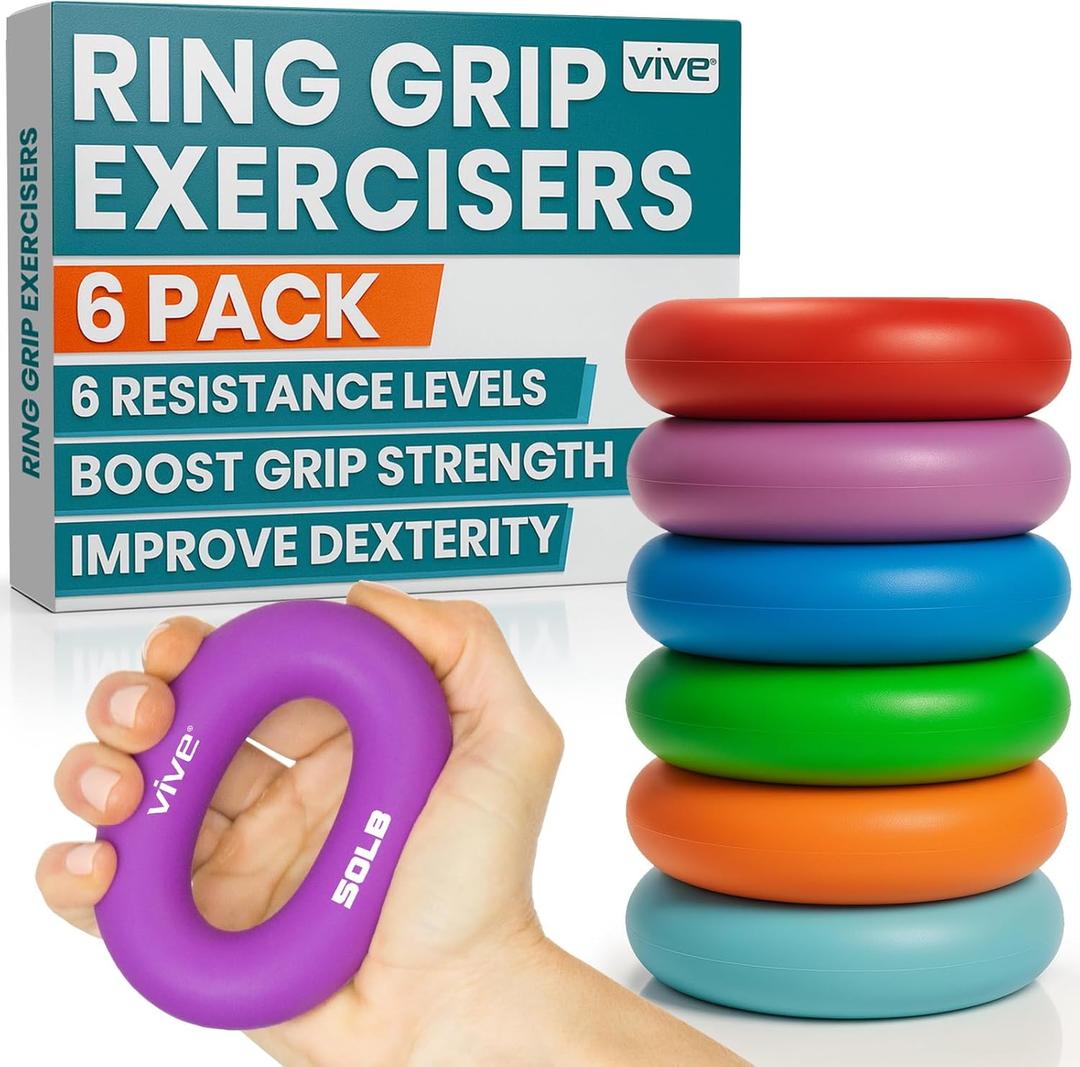 Vive Hand Strengthener Grip Ring - Forearm Ring Hand Exercisers - Silicone Squeezer Gripper for Muscle Strengthening Training Tool - Arthritis Finger Physical Therapy PT Kit Trainer (Multicolor (6 Pack))