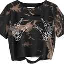 Avanova Women Skull Finger Graphic Distressed Tee Shirt Ripped Short Sleeve Crop Tops (3X-Large, Tie Dye Brown)