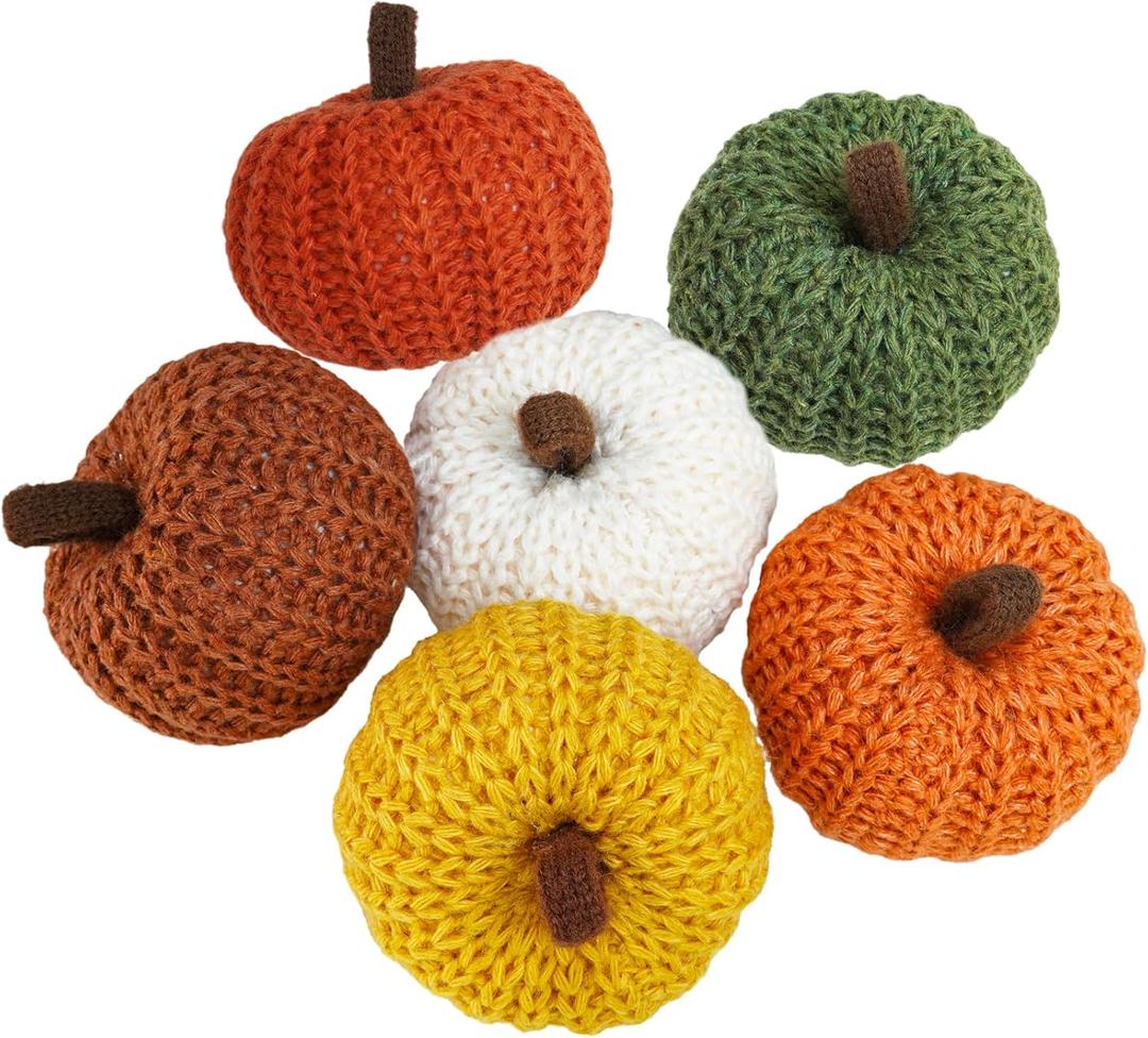 Winlyn Set of 6 Faux Fall Harvest Crochet Pumpkins Small Knit Pumpkins in Orange Yellow Green Brown Cream Rustic Farmhouse Pumpkins Foam Pumpkins for Thanksgiving Halloween Autumn Mantel Table Dcor