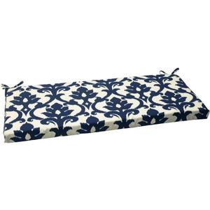 Pillow Perfect Damask Indoor/Outdoor Sofa Setee Bench Swing Cushion with Ties Weather, and Fade Resistant, 18" x 45", Blue Basalto Navy