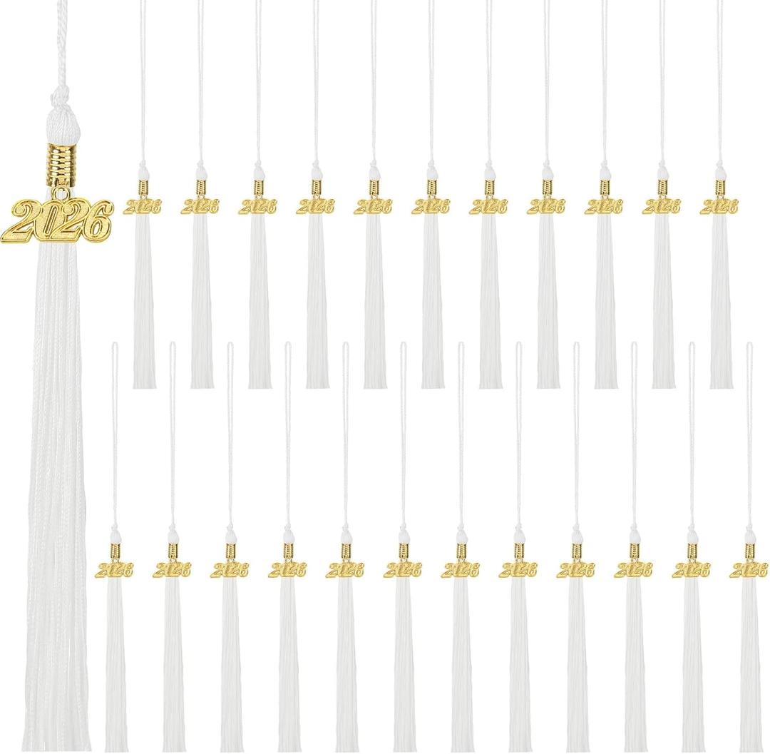 24 Pieces 2026 Graduation Tassel, Graduation Cap Tassels Decoration with 2026 Year Gold Date Charms, Grad Gifts for 2026 Year Grad Ceremonies Souvenir, White