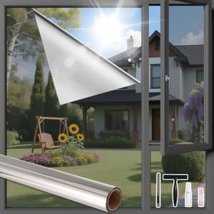 Finnez One Way Window Privacy Film – See Out Not in Daytime Mirror Tint, Heat Blocking Anti UV, Static Cling Removable, Silver, 29.5 x 157.4 Inch