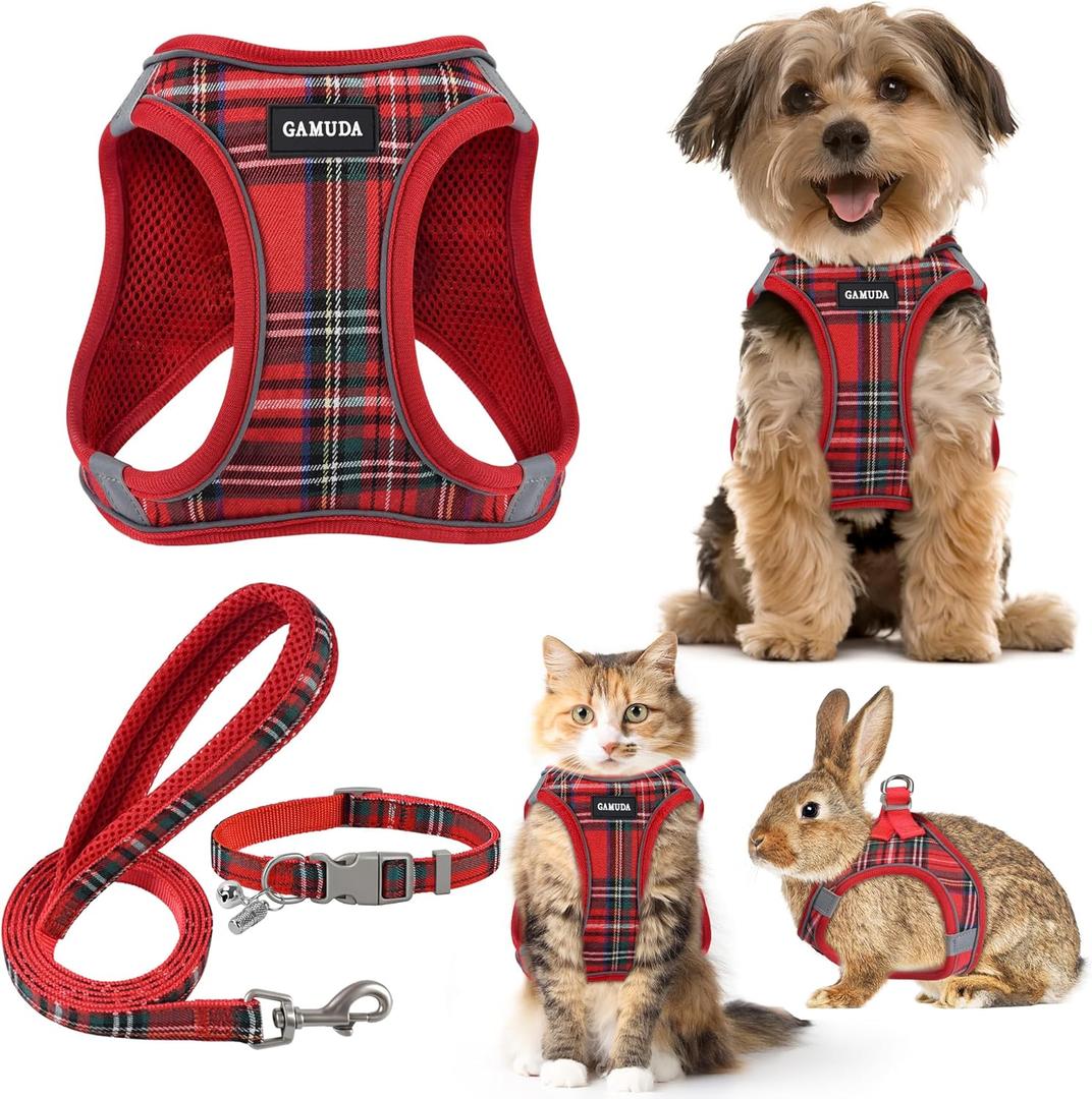 GAMUDA Small Dog Harness Collar and Leash Set, Step in No Chock No Pull Soft Mesh Adjustable Dog Vest Harnesses Plaid Reflective for Dogs Puppy Cats Kitten Rabbit (Red, XS)