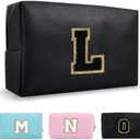 Personalized Initial A-Z Preppy Patch Makeup Bag,Small PU Chenille Letter Cosmetic Bag with Zipper for Teen Girls,Black Cute Toiletry Organizer Bag,Monogram Makeup Case Gift for Women Girls,Letter L