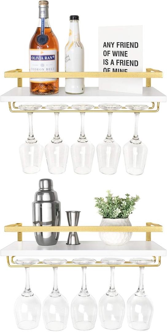 Mkono Wall Mounted Wine Rack Set of 2 White Wood Wine Bottle Glass Holder Floating Shelves with Stemware Hanger Modern Plants Photos Wine Display Storage Holder for Kitchen Dining Room Bar, 17 Inch (White and Gold)