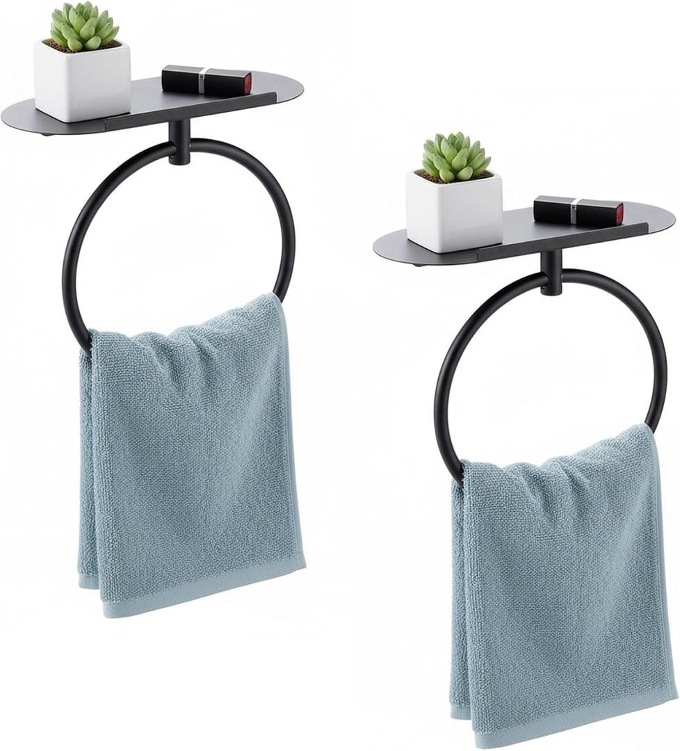 2 Pcs Hand Towel Ring with Shelf, Matte Black Stainless Steel Hand Towel Holder, Heavy Duty Bath Accessories, Wall Mounted Hanger for Bathroom Kitchen