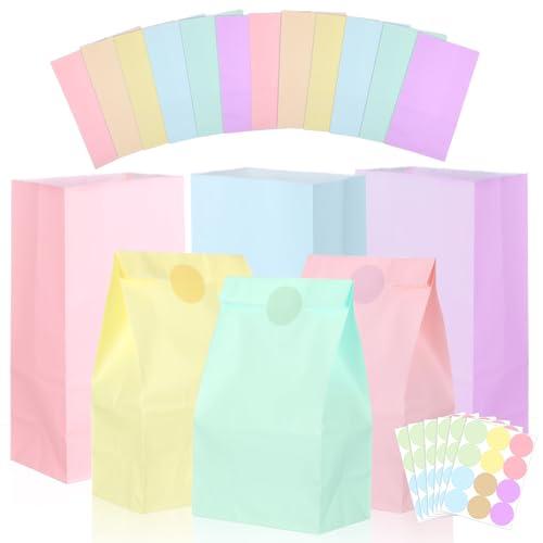 AojSup 72 Pcs Pastel Party Favor Bags with 72 Stickers - 5.1 x 3.1 x 9.4 Inch Pastel Paper Bags for Birthday, Wedding Favors, Candy Treat Goodie Bag in 6 Colors